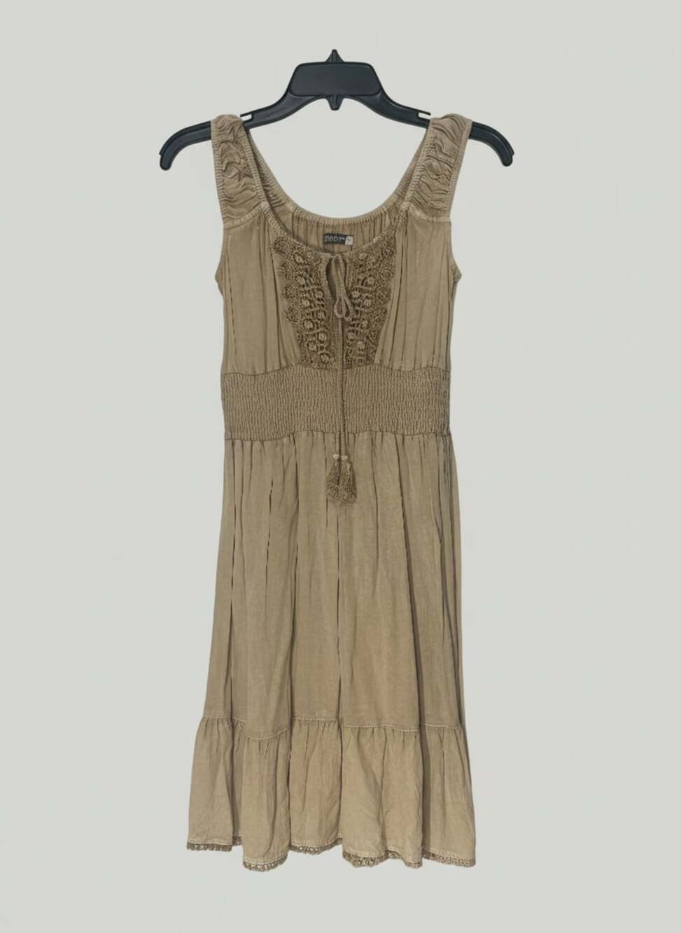 Earthbound Trading Co. Boho Tan Crochet Smocked Waist Midi Dress